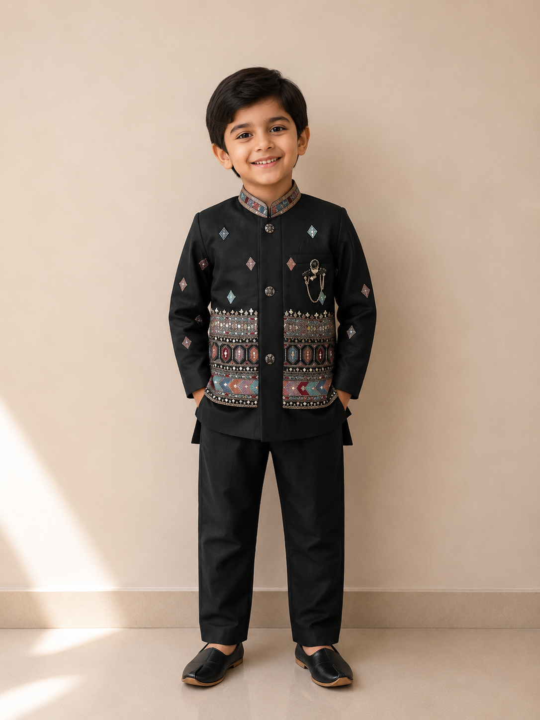 Kids Dark Green 2-Piece Indo-Western Sherwani Suit with Heritage Geometric Border
