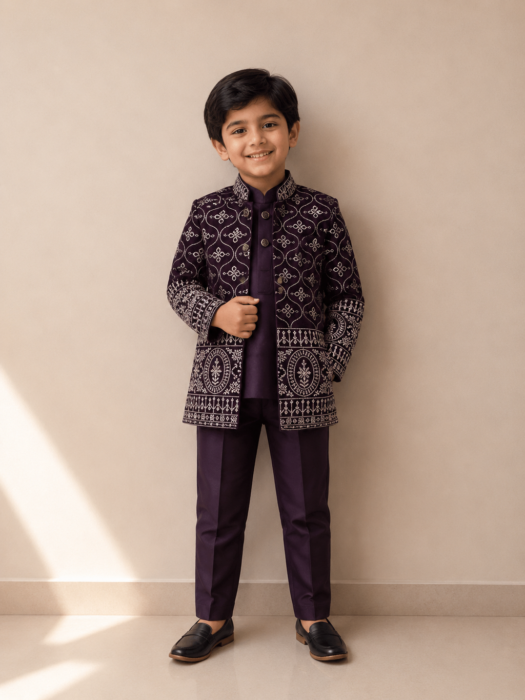 Kids Deep Velvet 3-Piece Indo-Western Sherwani with Ivory Trellis Embroidery