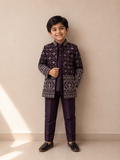 Kids Deep Velvet 3-Piece Indo-Western Sherwani with Ivory Trellis Embroidery