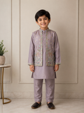Kids Lilac 3-Piece Kurta Pajama with Mirror-Work & Embroidered Waistcoat