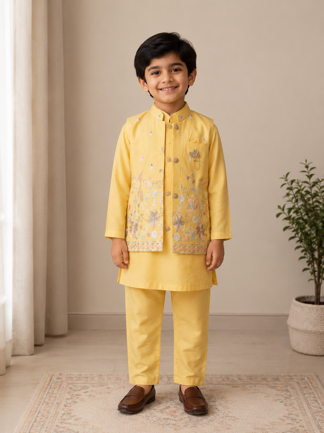 Kids Bright Yellow 3-Piece Kurta Pajama with Pastel Floral Embroidered Waistcoat