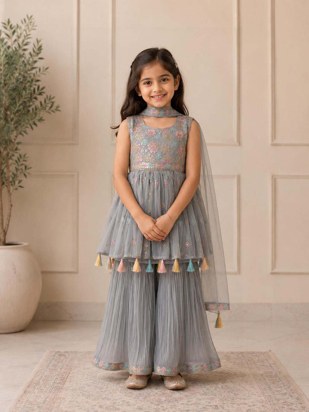 Kids Soft Grey-Green 3-Piece Sharara Suit with Pastel Floral Embroidery & Tassels