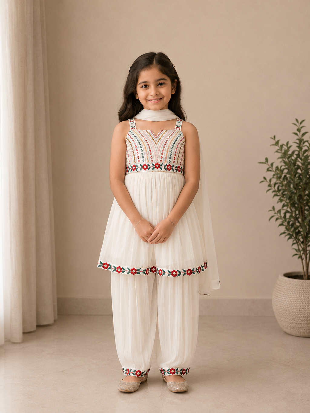 Diya Floral Embroidered Peplum & Tulip Salwar Set in Classic Ivory