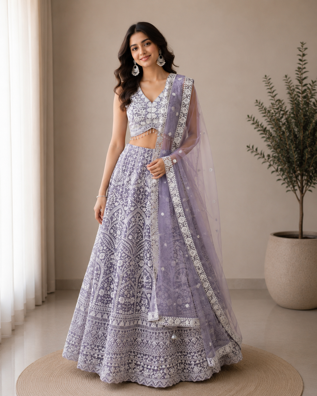 Miraya Floral Embroidered Georgette Lehenga Set in Soft Lavender