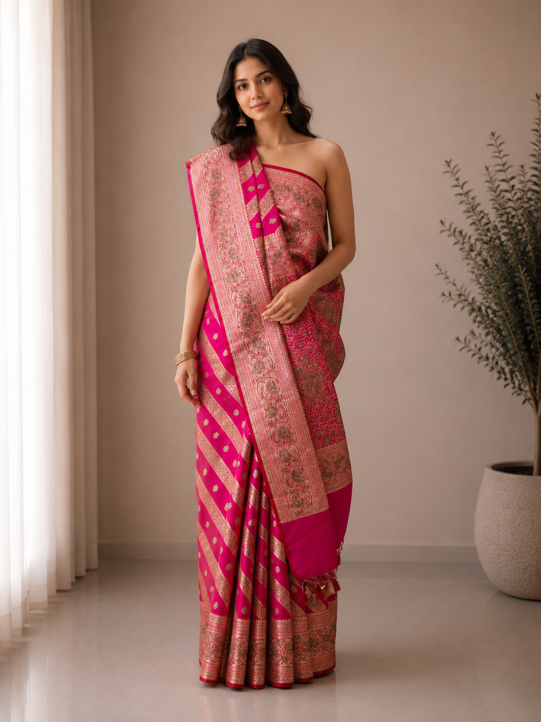 Myra Heritage Zari-Woven Silk Saree in Vivid Fuchsia With Unstich Blouse