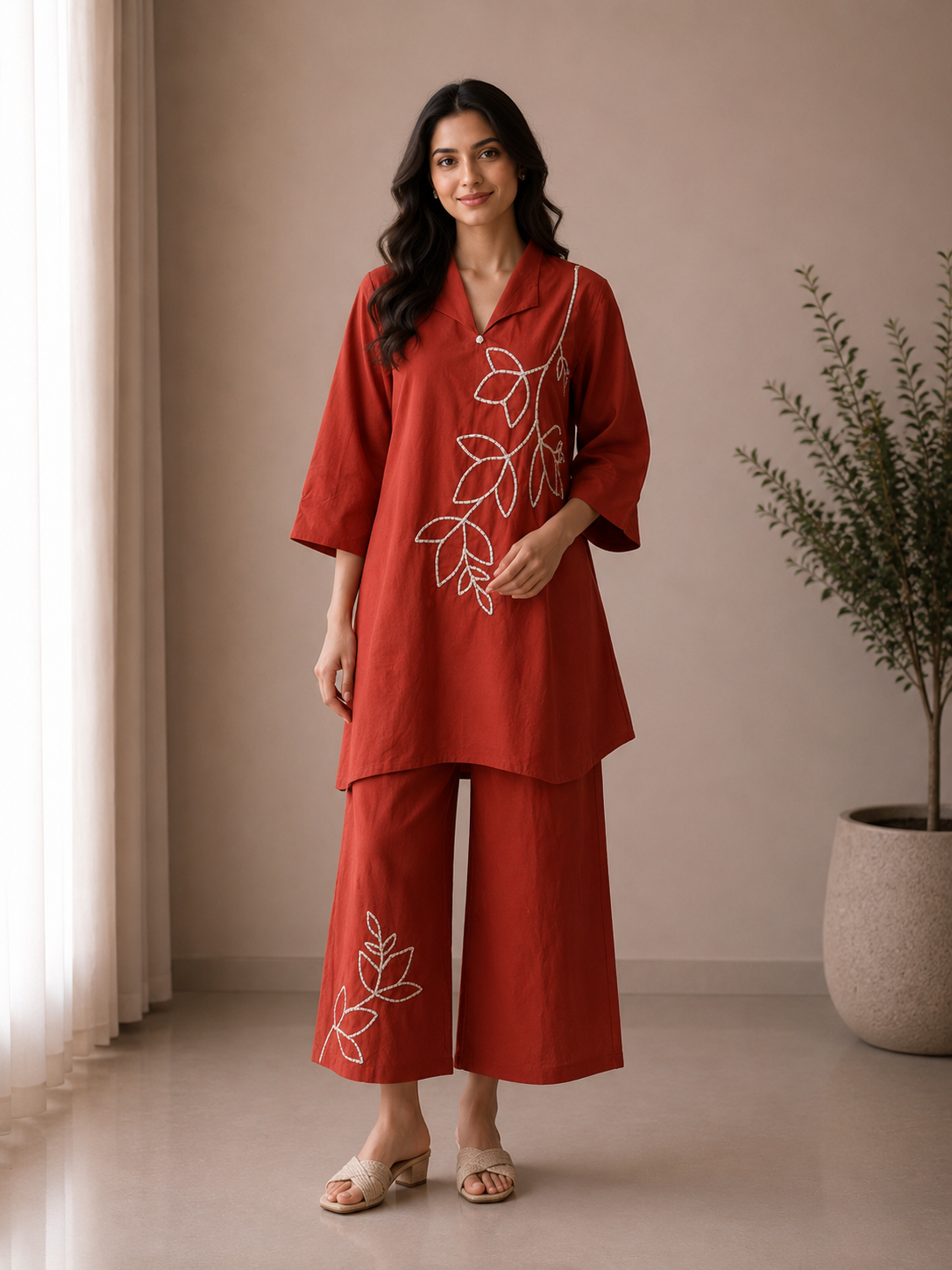 Ira Botanical Embroidered Loungewear Set in Burnt Terracotta