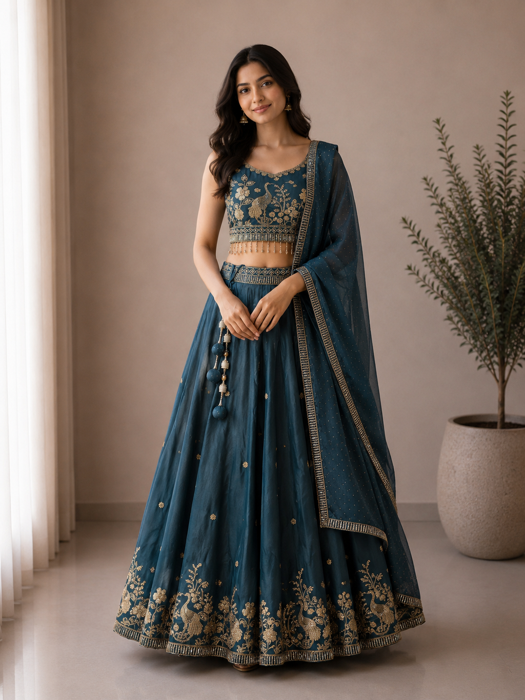 Kavya Regal Peacock Embroidered Lehenga Suit in Silk Teal