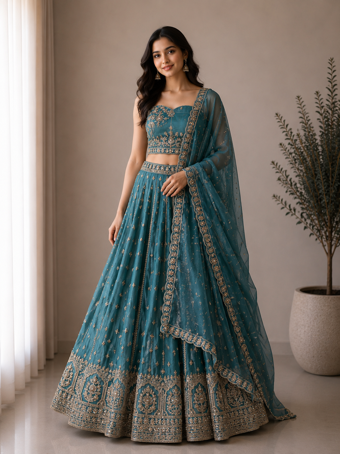 Samira Regal Architectural Embroidered Lehenga in Shimmering Teal