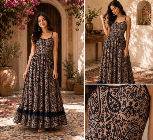 Avantika Heritage Paisley Maxi Dress in Earthy Taupe & Indigo