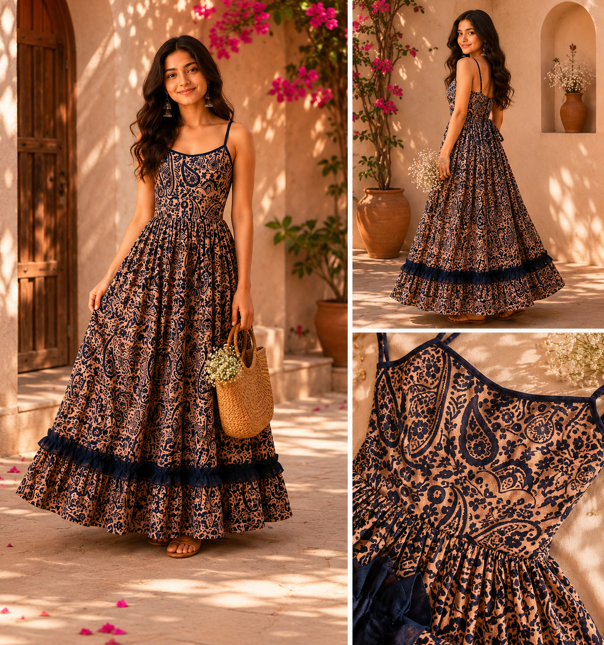Avantika Heritage Paisley Maxi Dress in Earthy Taupe & Indigo