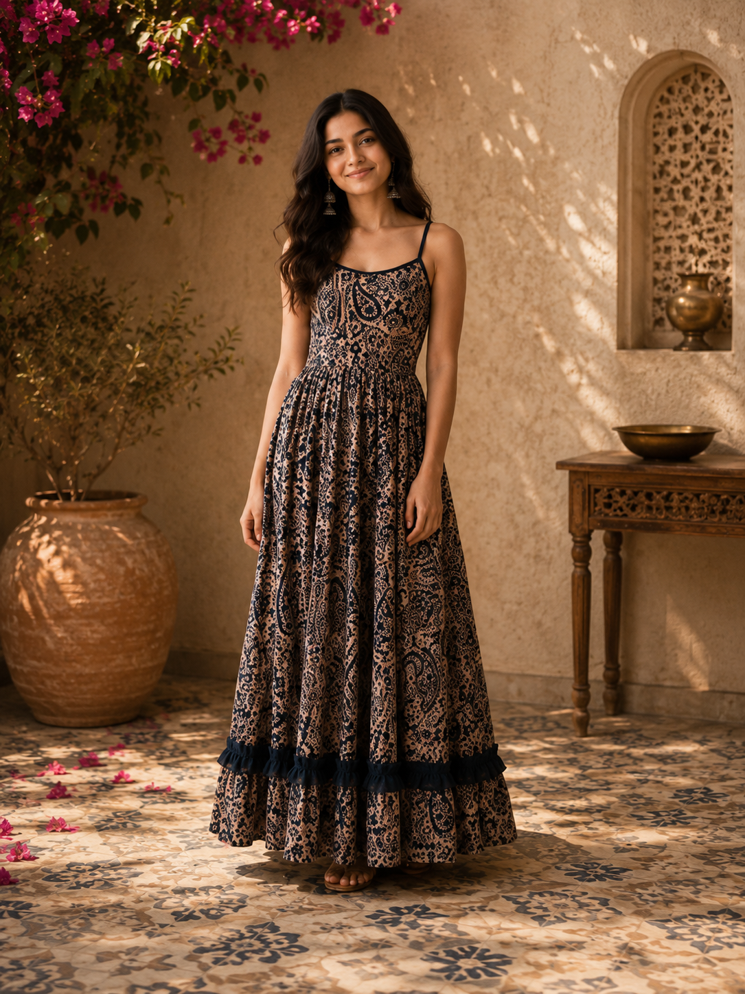 Avantika Heritage Paisley Maxi Dress in Earthy Taupe & Indigo