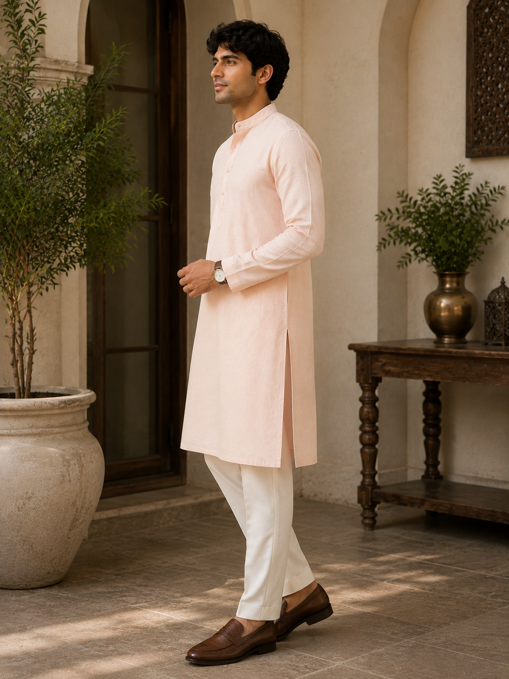 Peach Cotton Mandarin Collar Kurta