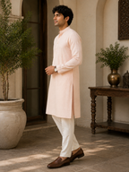 Peach Cotton Mandarin Collar Kurta