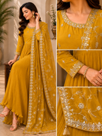 Zarina Pleated Embroidered Anarkali Set in Golden Mustard