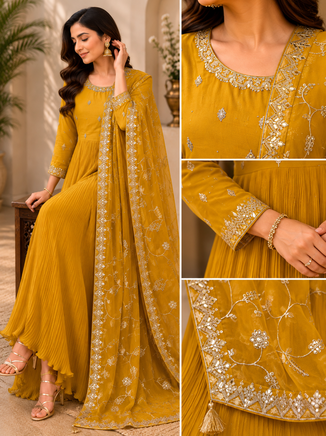 Zarina Pleated Embroidered Anarkali Set in Golden Mustard