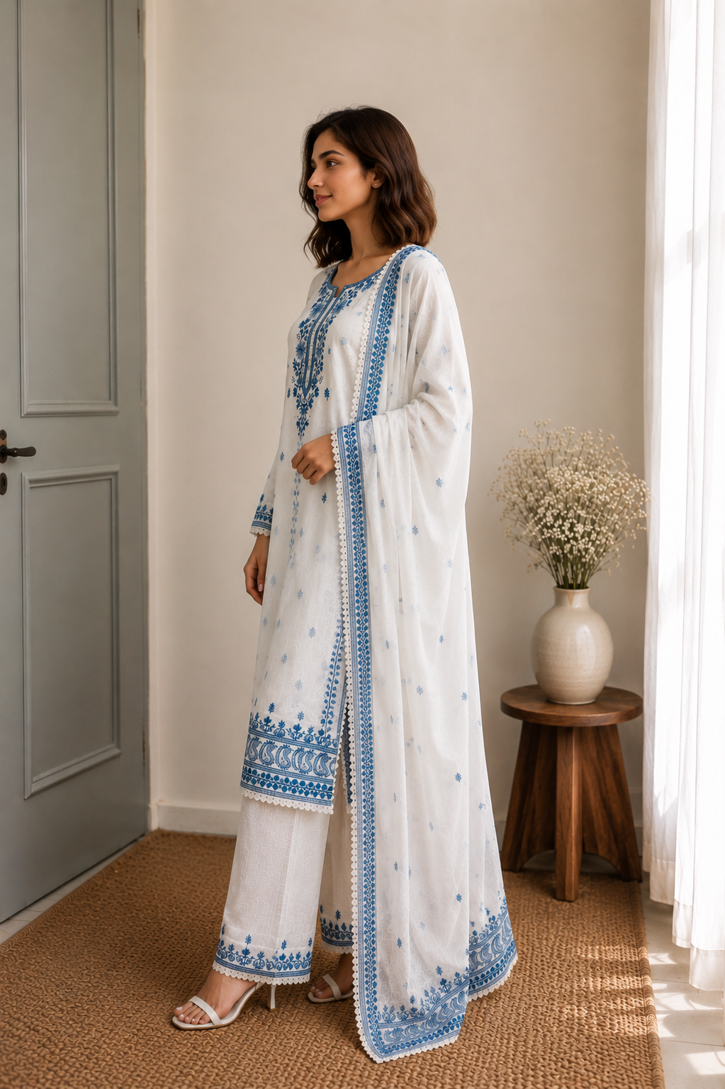 White & Blue Embroidered Cotton Suit Set with Dupatta