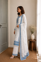 White & Blue Embroidered Cotton Suit Set with Dupatta