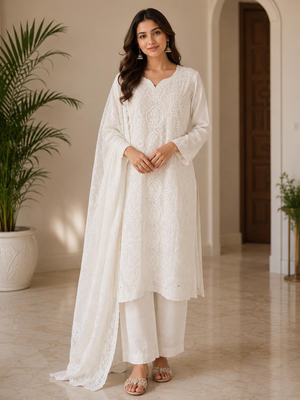 Ivory Elegance Embroidered Chikankari Suit Set
