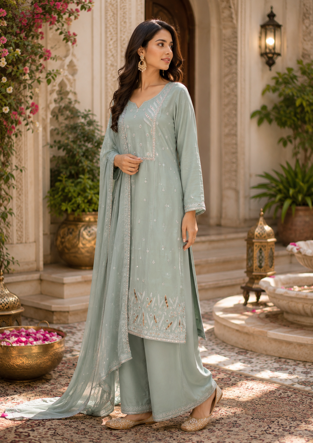 Sage Mist Mirrorwork Palazzo Set