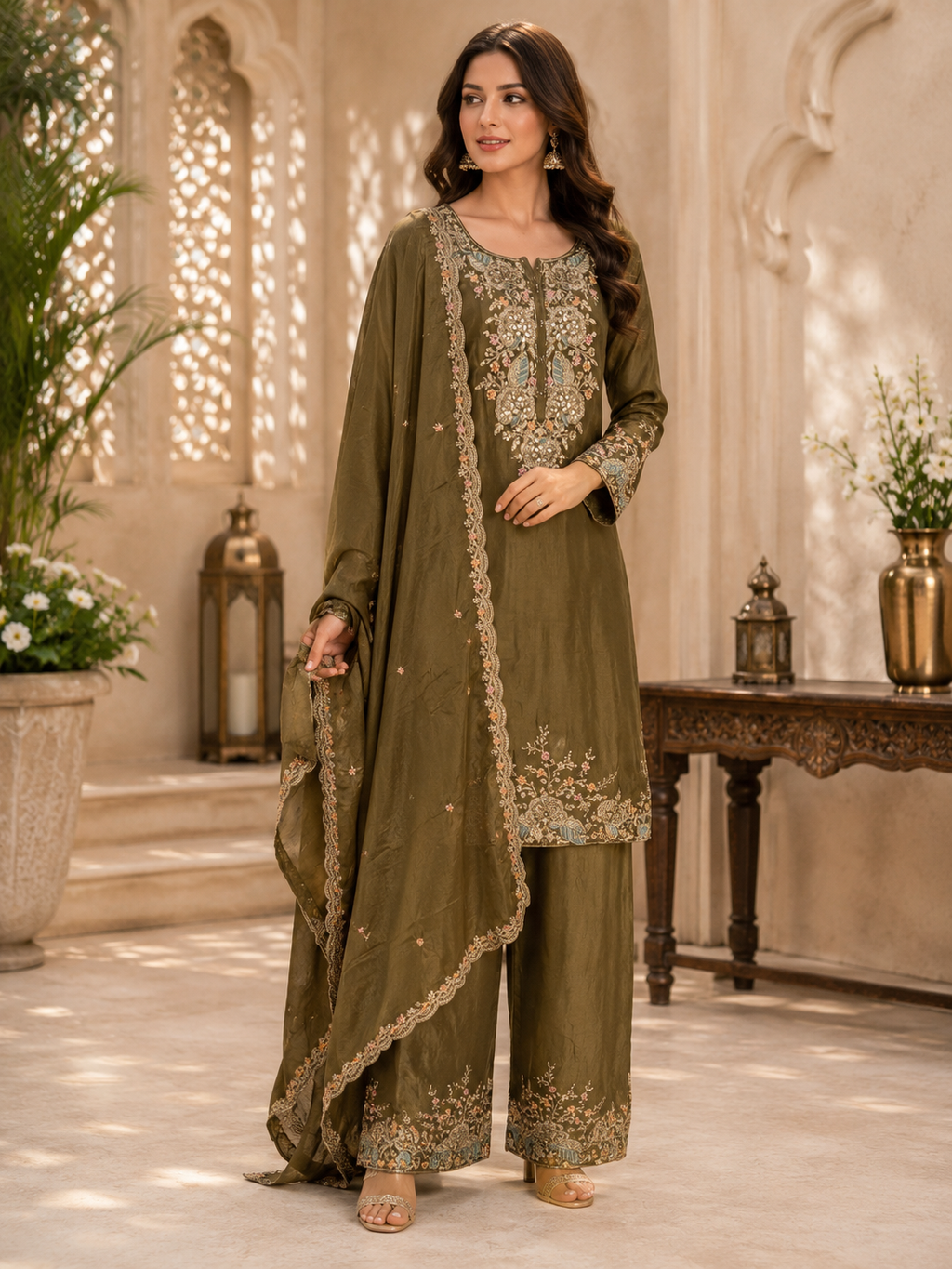 Olive Heirloom Embroidered Palazzo Set