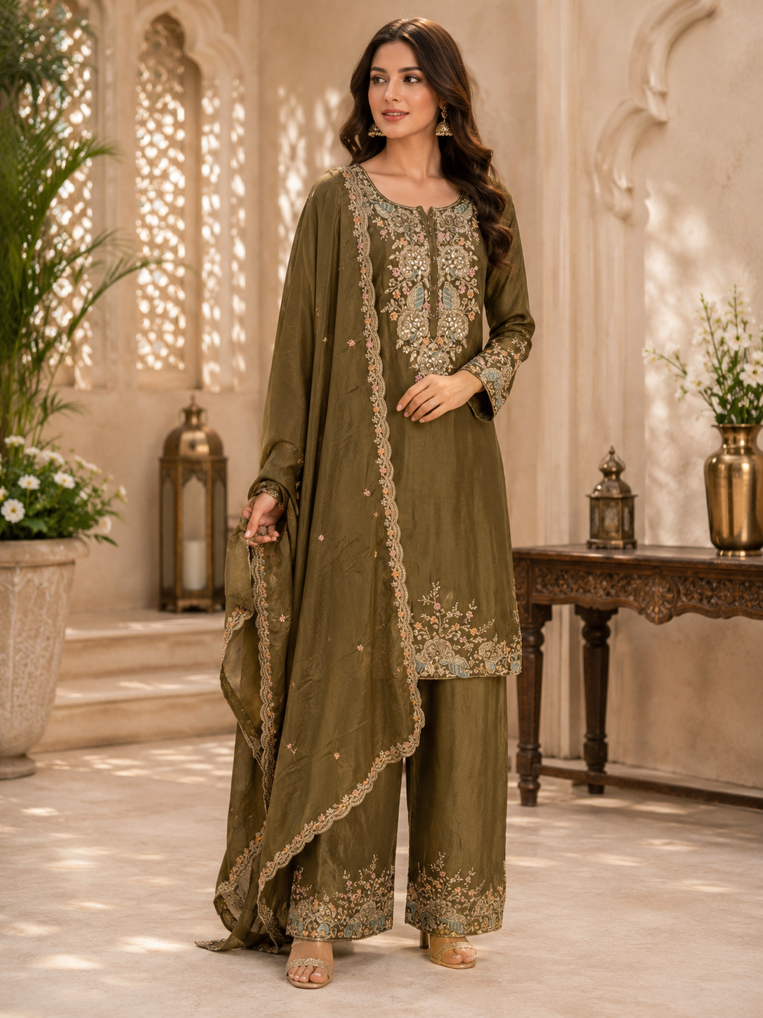 Olive Heirloom Embroidered Palazzo Set