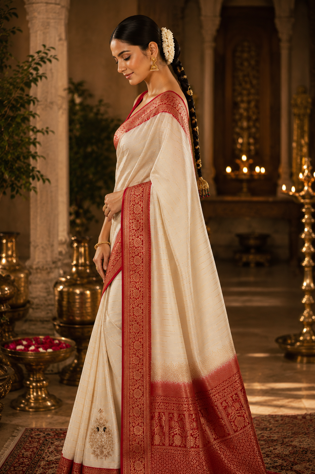 Ivory Heritage Saree with crimson Banarasi Border