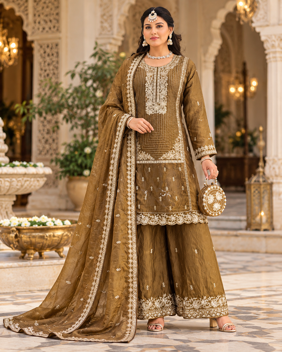 Regal Embroidered Palazzo Suit Set with Matching Purse
