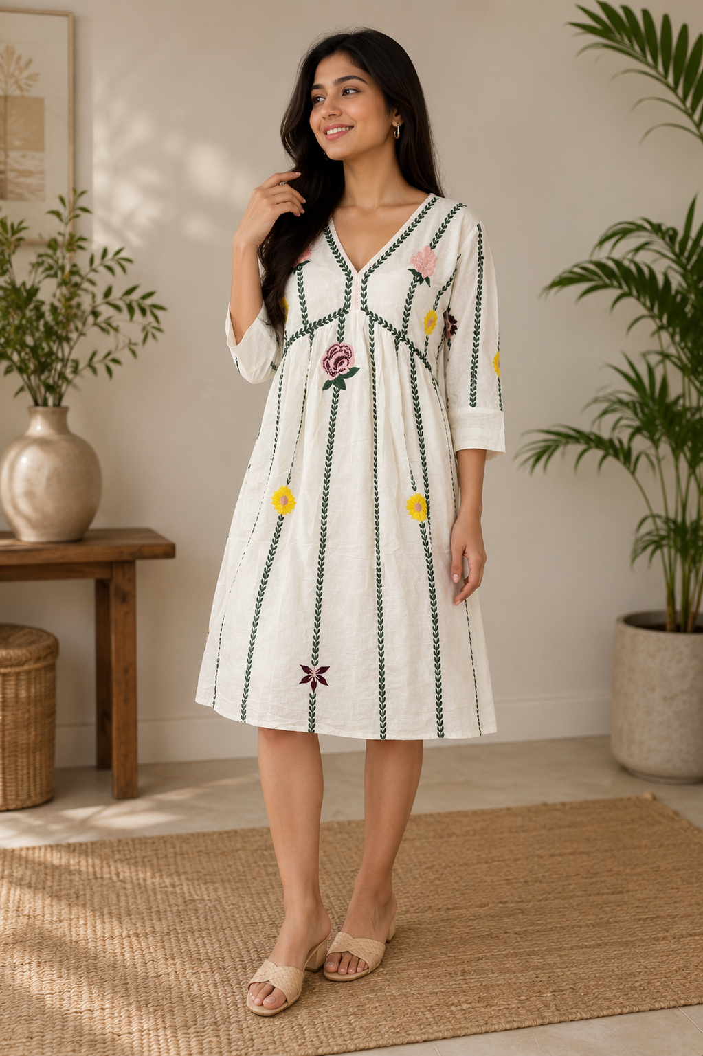 Ivory Floral Embroidered Cotton Dress
