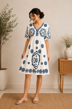 Ivory & Indigo Embroidered Cotton Ethnic Dress