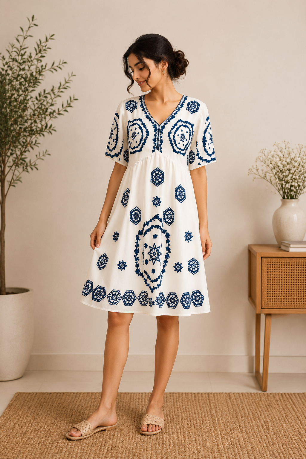 Ivory & Indigo Embroidered Cotton Ethnic Dress