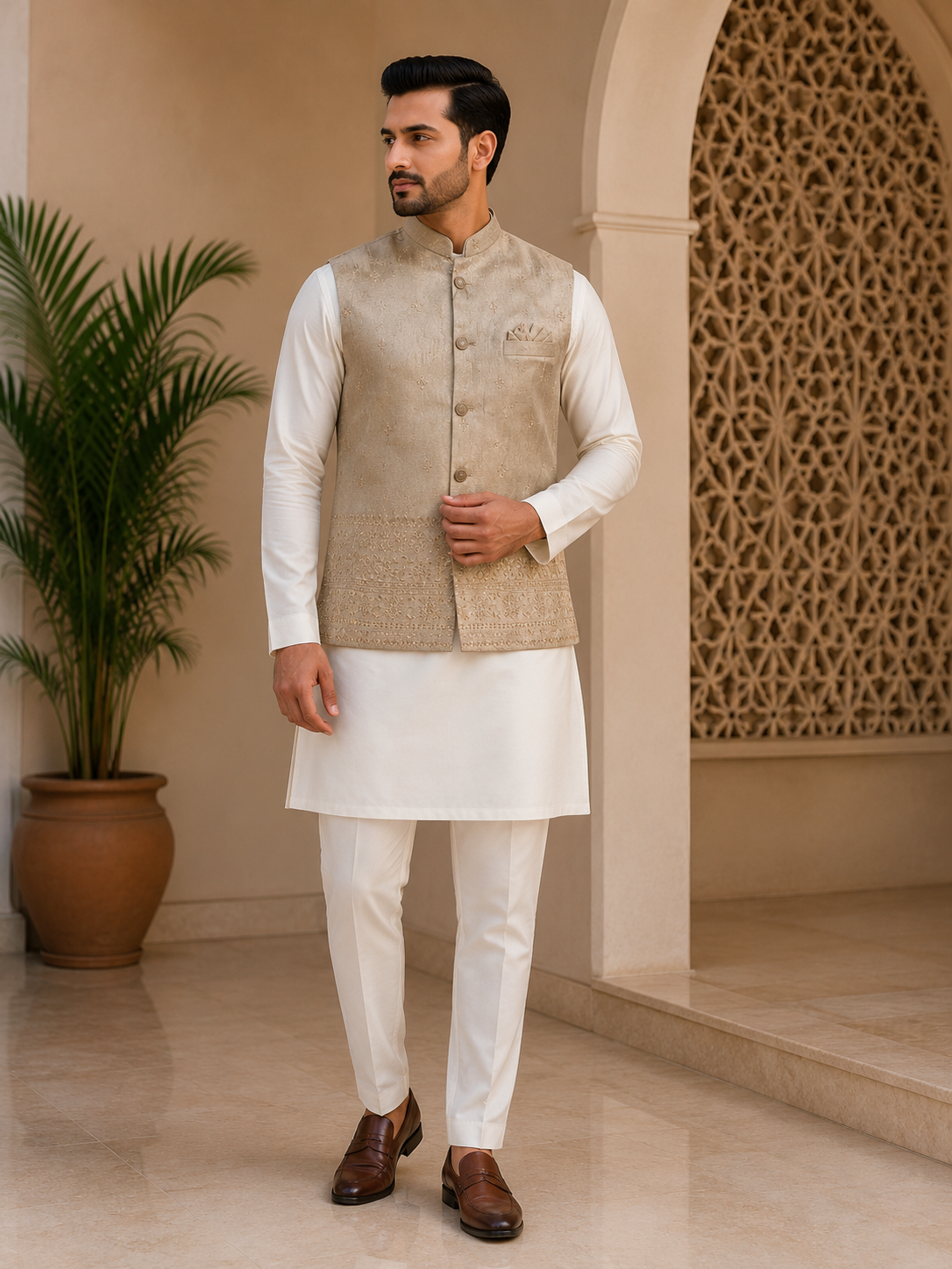 Champagne Heritage Embroidered Nehru Jacket
