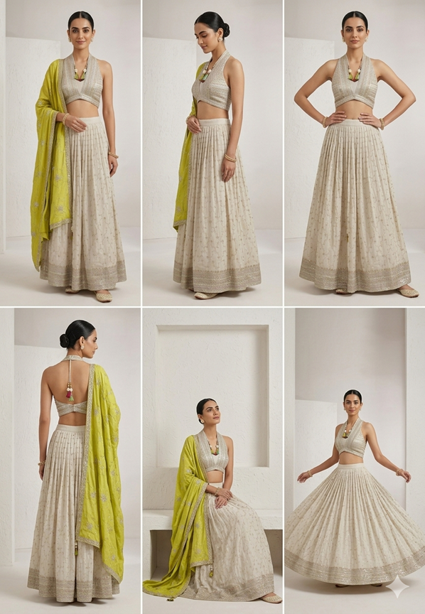 Ivory & Lime Green Designer Lehenga Set Unstitched