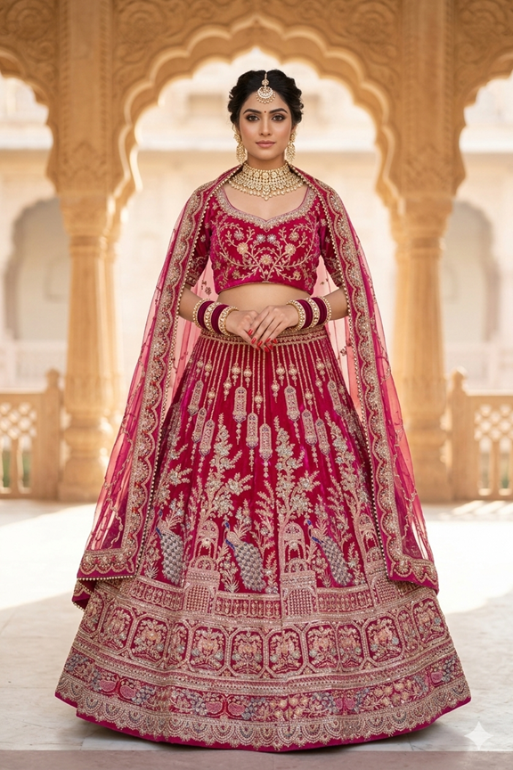 Regal Rani Pink Bridal Lehenga Set with 2 Chunni Unstitched