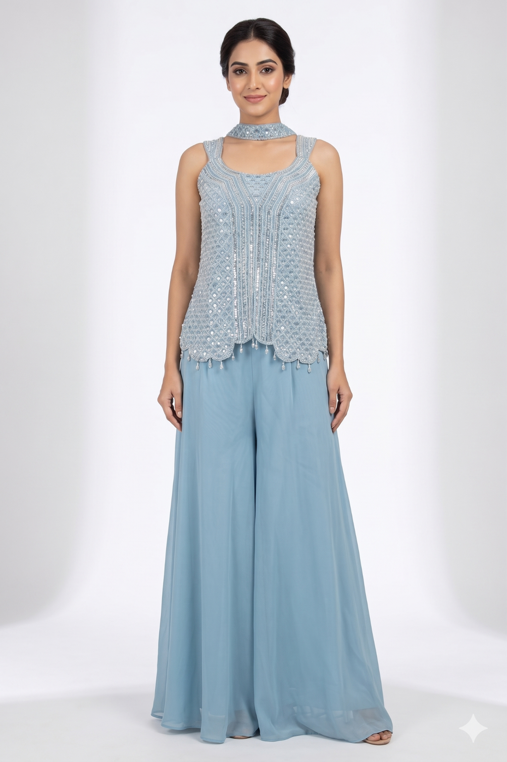 Powder Blue Embroidered Sleeveless Tunic & Flared Palazzo Set with Choker
