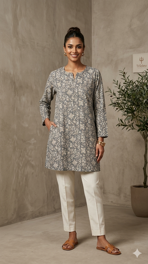 Elegant Grey Printed Cotton Kurti for Women