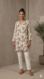 Women’s Floral Printed Kurti Top – Elegant Neutral Ethnic Wear