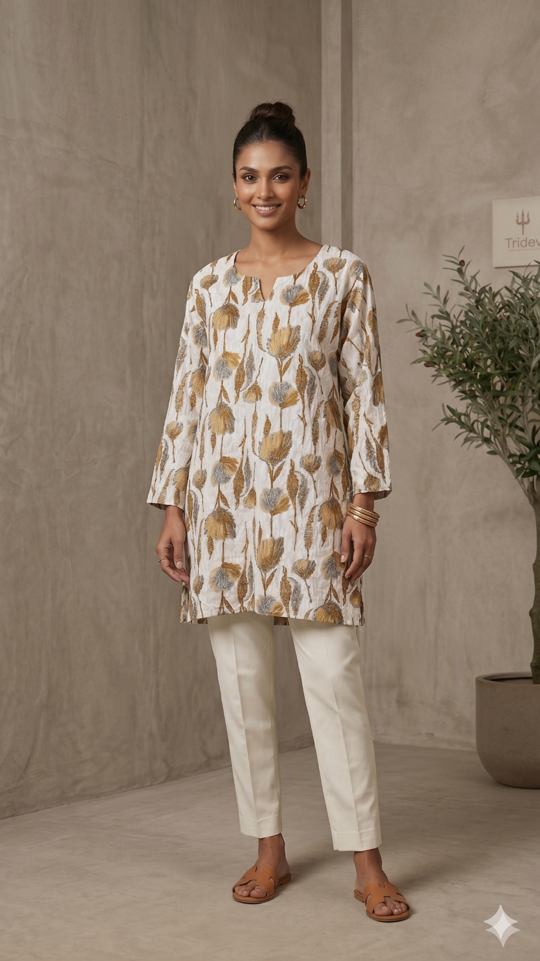 Women’s Floral Printed Kurti Top – Elegant Neutral Ethnic Wear