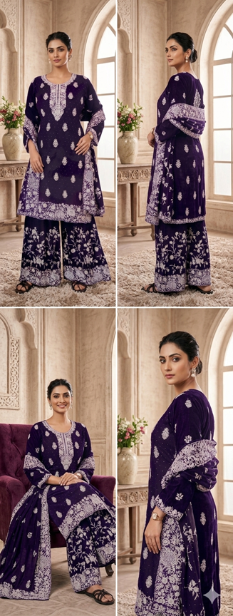 Royal Purple Printed Kurti Palazzo Set for Women