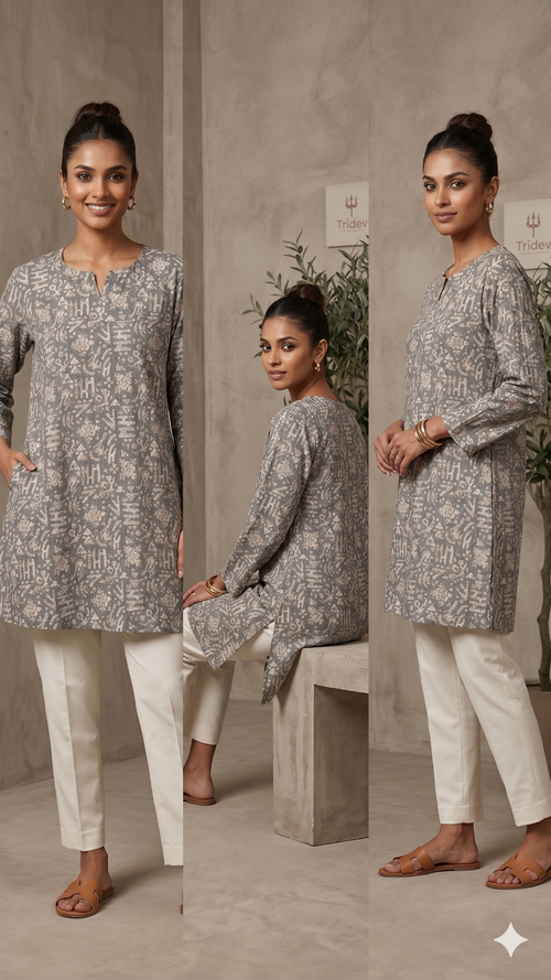 Elegant Grey Printed Cotton Kurti for Women