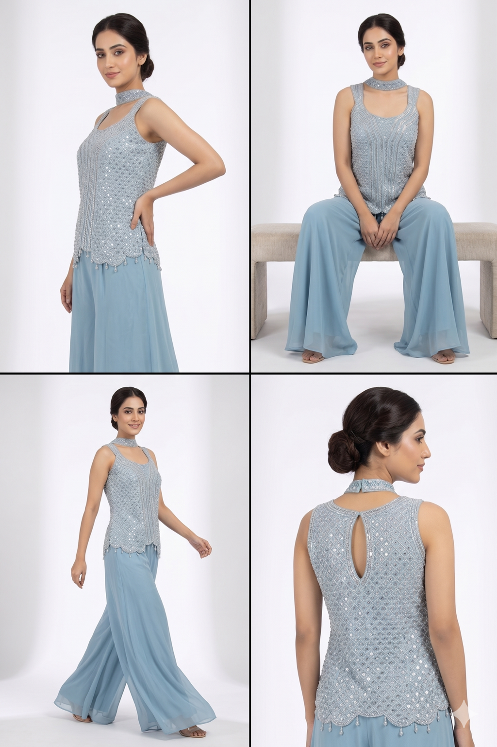 Powder Blue Embroidered Sleeveless Tunic & Flared Palazzo Set with Choker