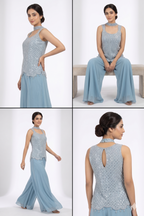 Powder Blue Embroidered Sleeveless Tunic & Flared Palazzo Set with Choker