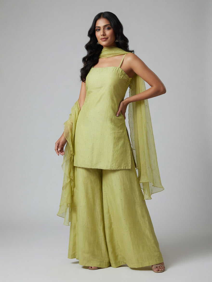 Meera Minimalist Sequinned Sharara Set in Soft Olive-Lime