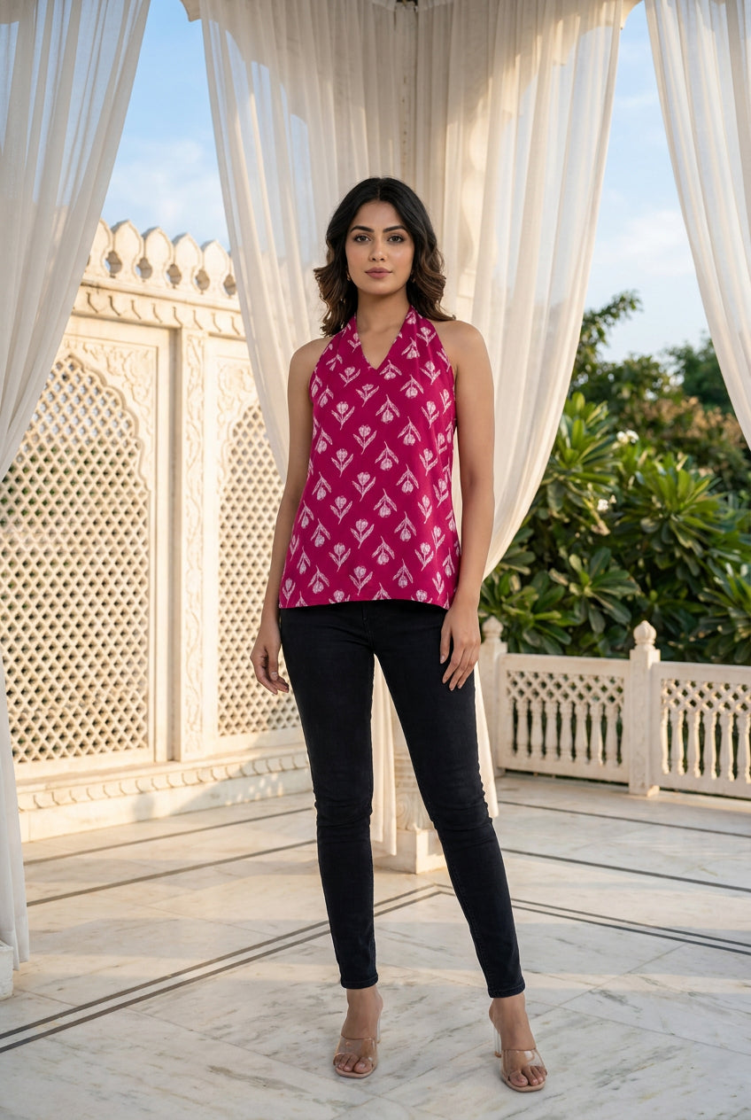 Fuchsia Tulip Block-Print Halter Dress
