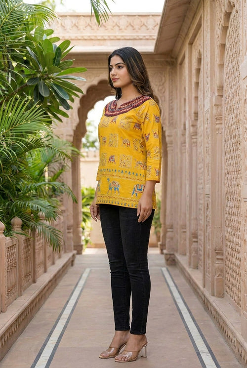 Avani Folk-Art Printed Tunic Top in Rich Yellow