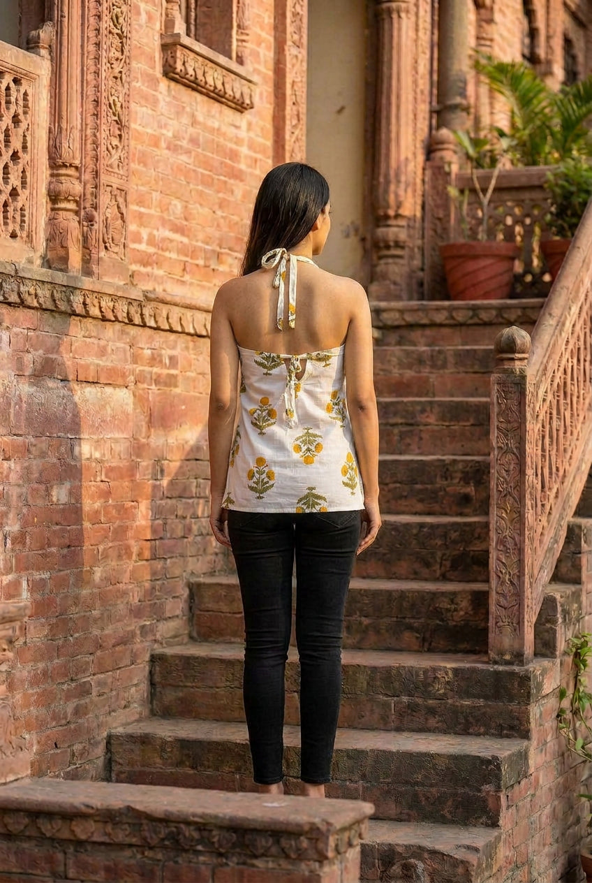 Ivory Marigold Block-Print Halter Top
