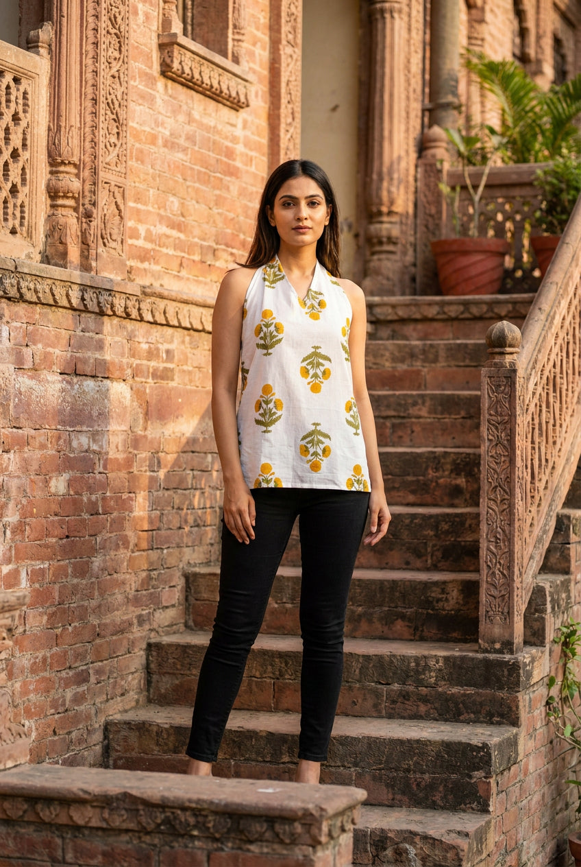 Ivory Marigold Block-Print Halter Top