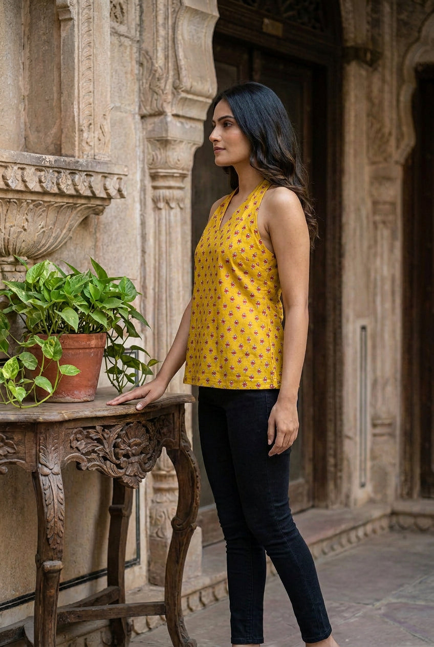 Sia Heritage Halter Top in Rich Mustard & Crimson