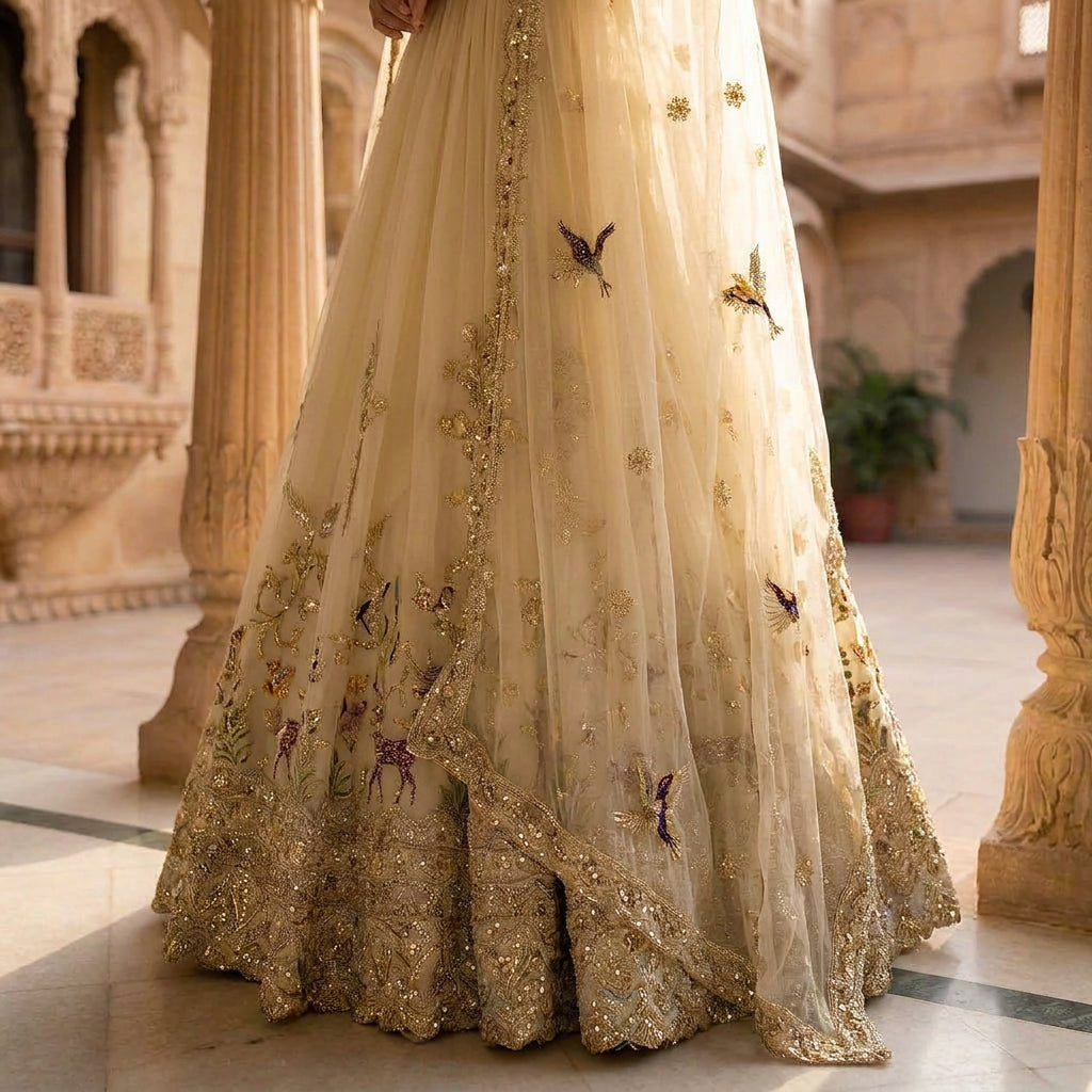 Avani Whimsical Forest Embroidered Lehenga Set in Pale Silk Cream