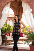 Tara Geometric Halter Top in Classic Black & Cream