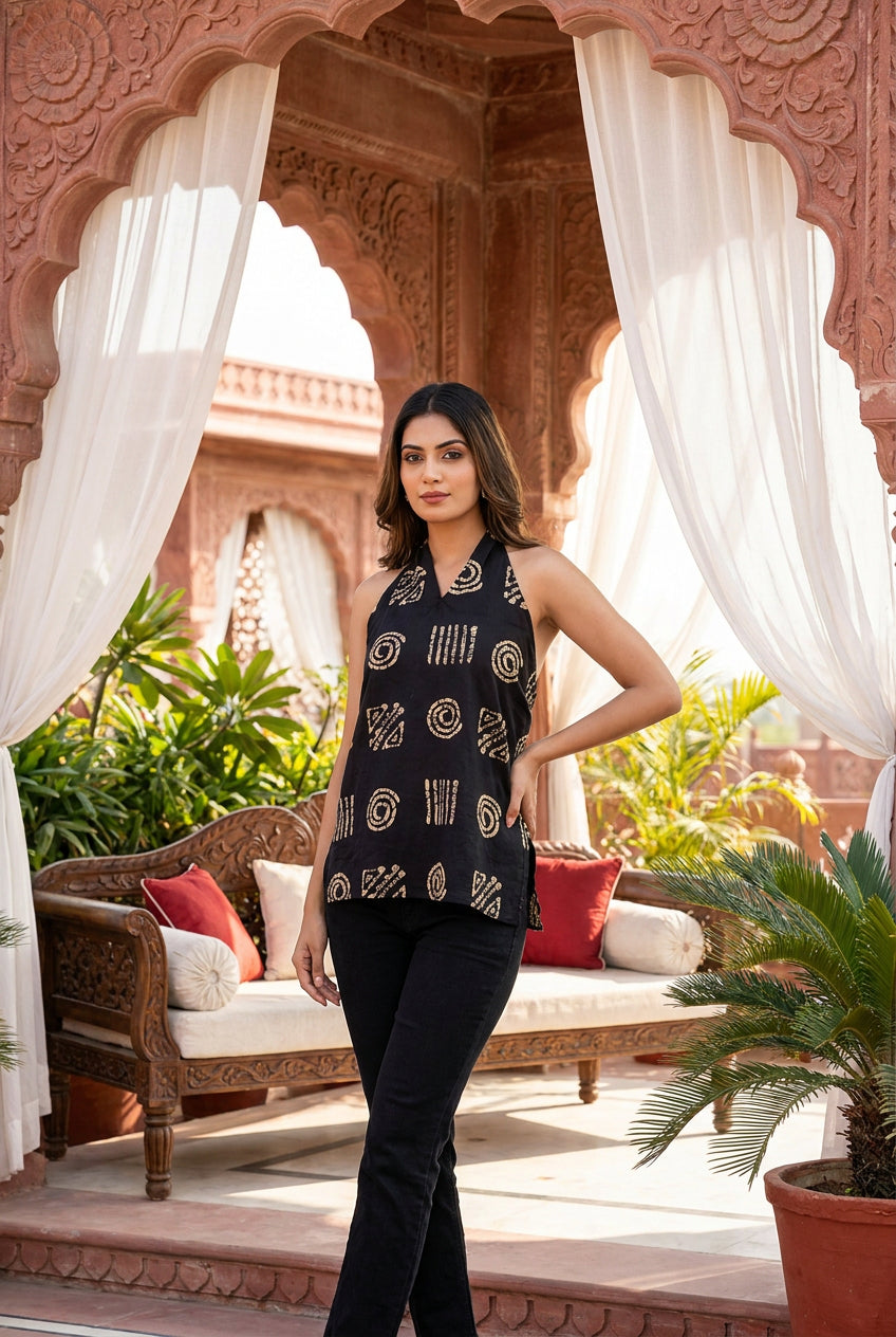 Tara Geometric Halter Top in Classic Black & Cream